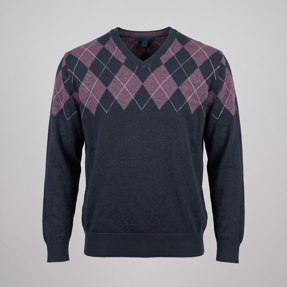 GAP Mens Large Navy Blue Argyle V-Neck Sweater Cotton Wool Blend